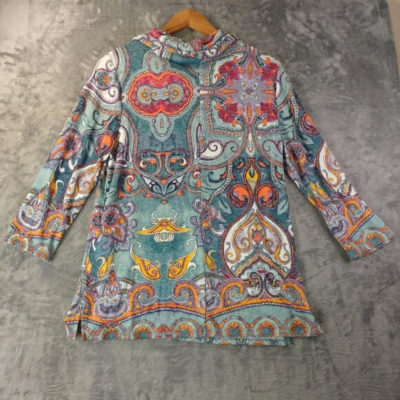 Chicos Womens‎ M Blue Orange Paisley Cowl Neck Top Boho Artcore Resort Vacation - Picture 2 of 9